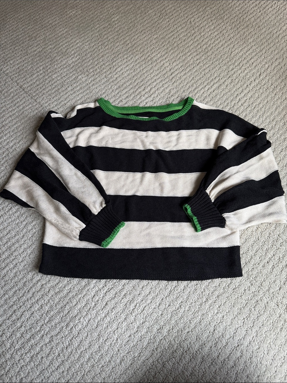 Anthropologie Black & White Striped Sweater Top with Green Trim